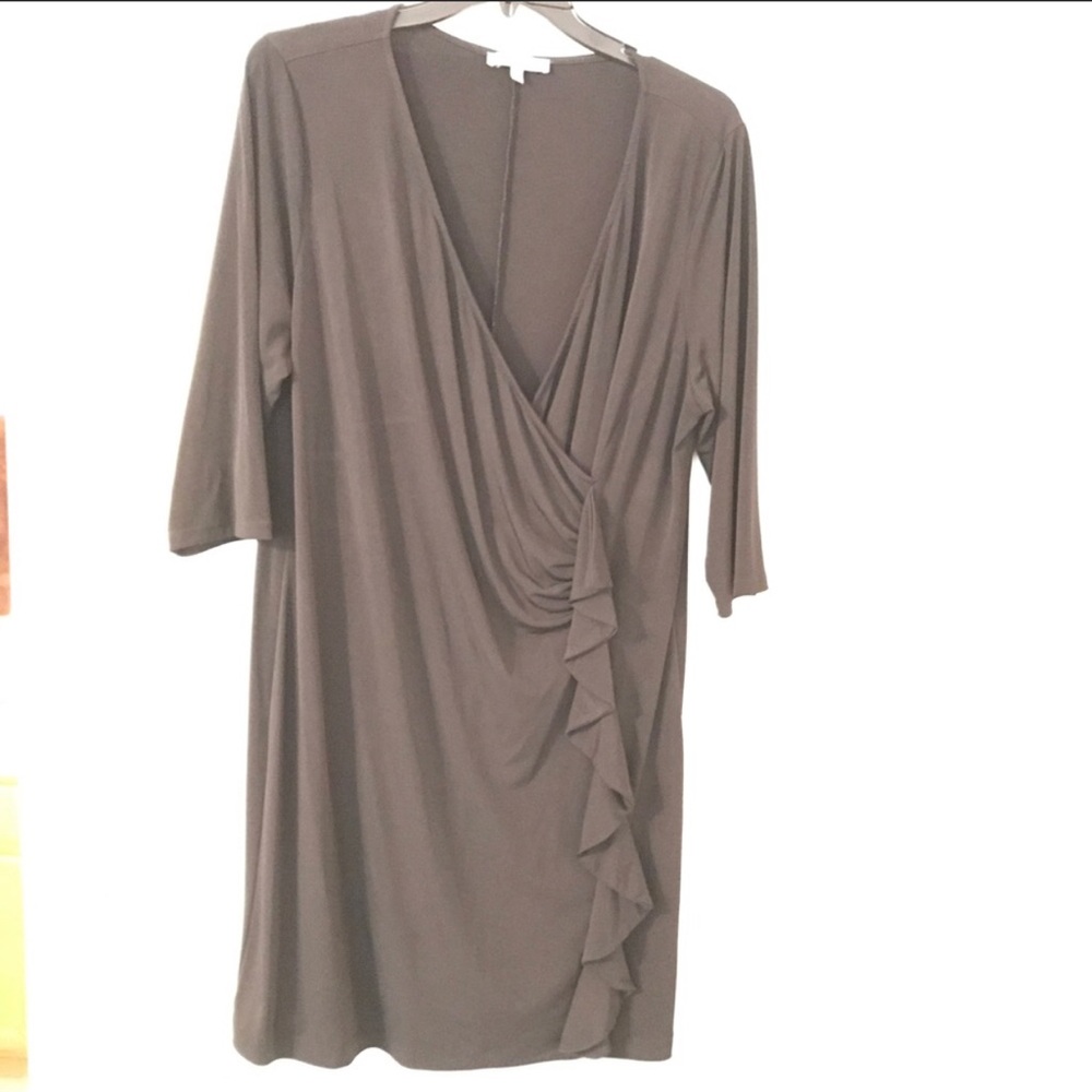 Sassy 3/4 sleeve faux wrap dress with ruffles